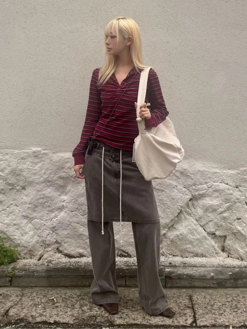 Shirring Tennis Shirt Wine Stripe