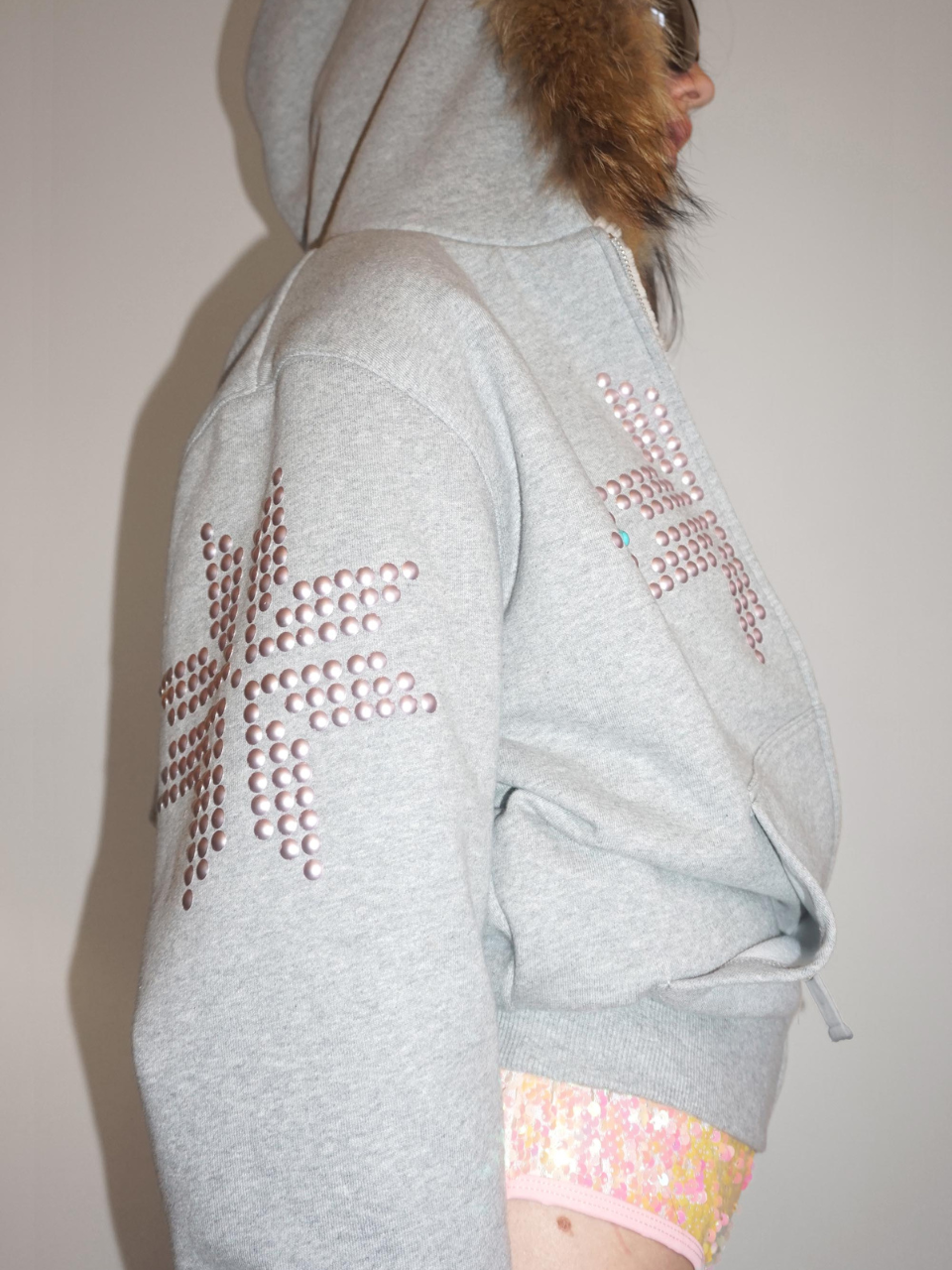 Fur Trimming Hooded Zip-Up Melange Gray