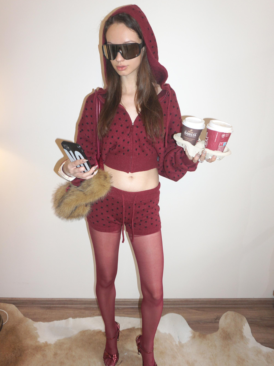 Snowflake Knit Zip-Up Ladybug
