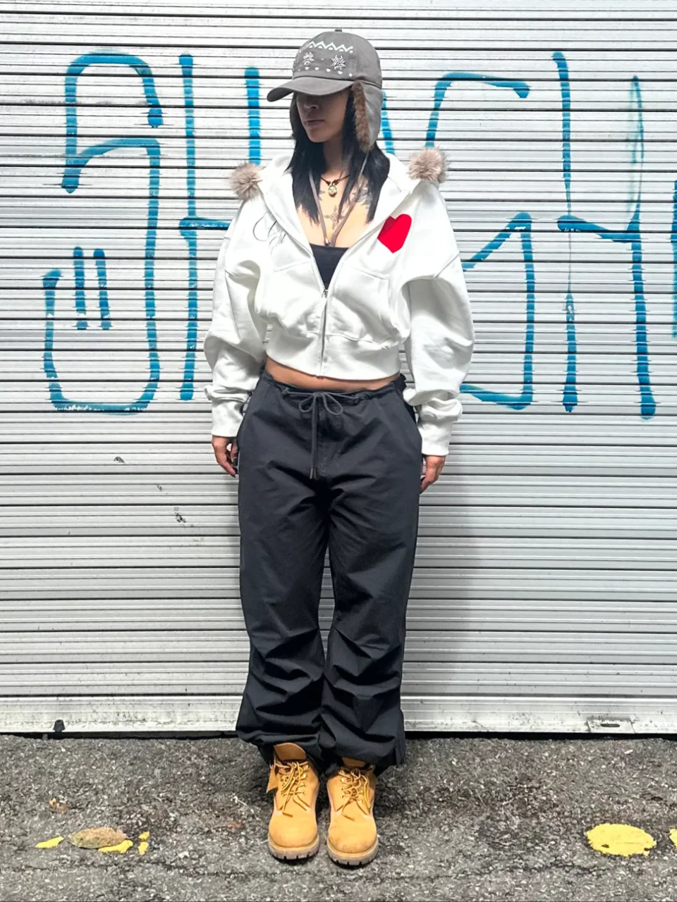 Faux Fur Trimming Hooded Zip-Up White
