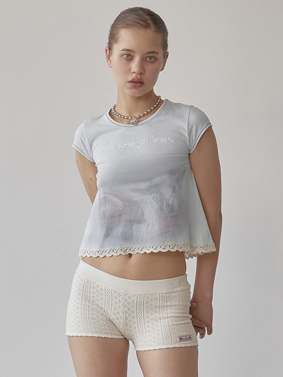 Lace Crop Baby Tee Mystic Blue