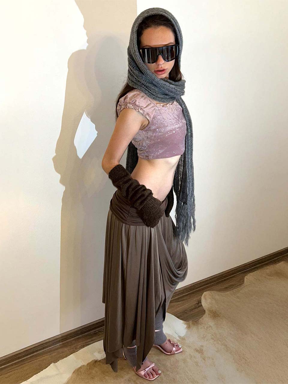 Draping Unbalance Skirt Ash Brown