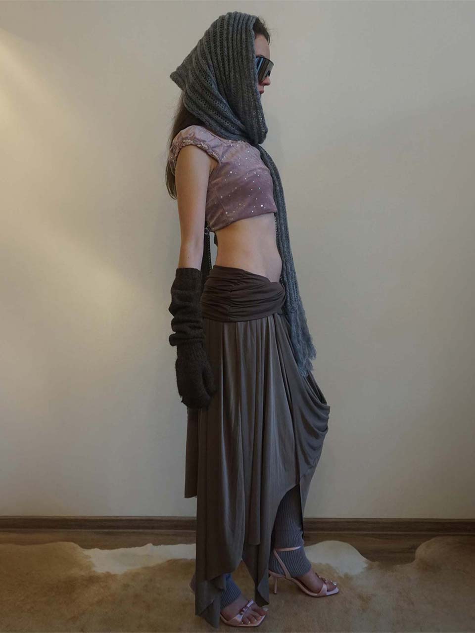 Draping Unbalance Skirt Ash Brown