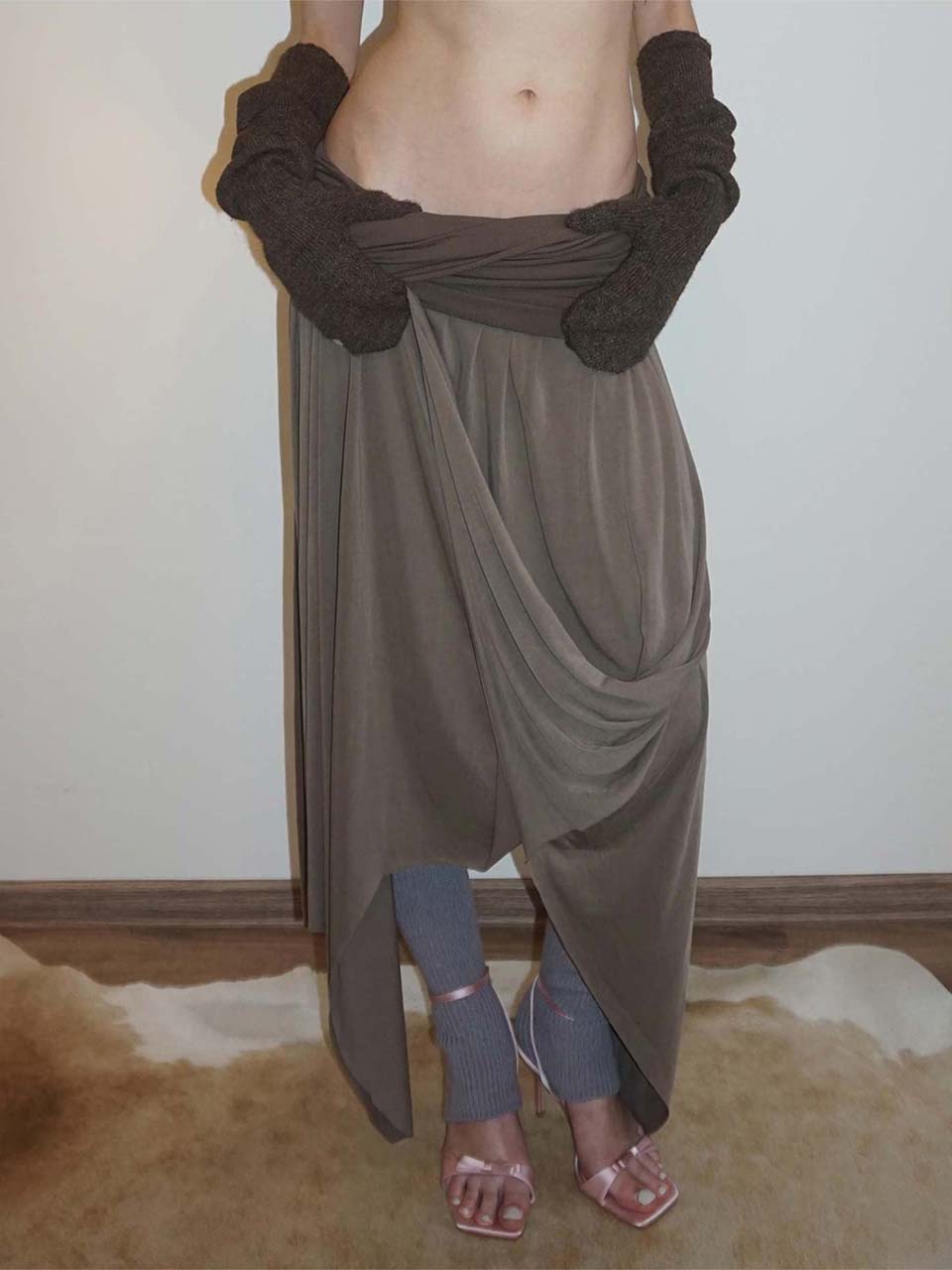Draping Unbalance Skirt Ash Brown