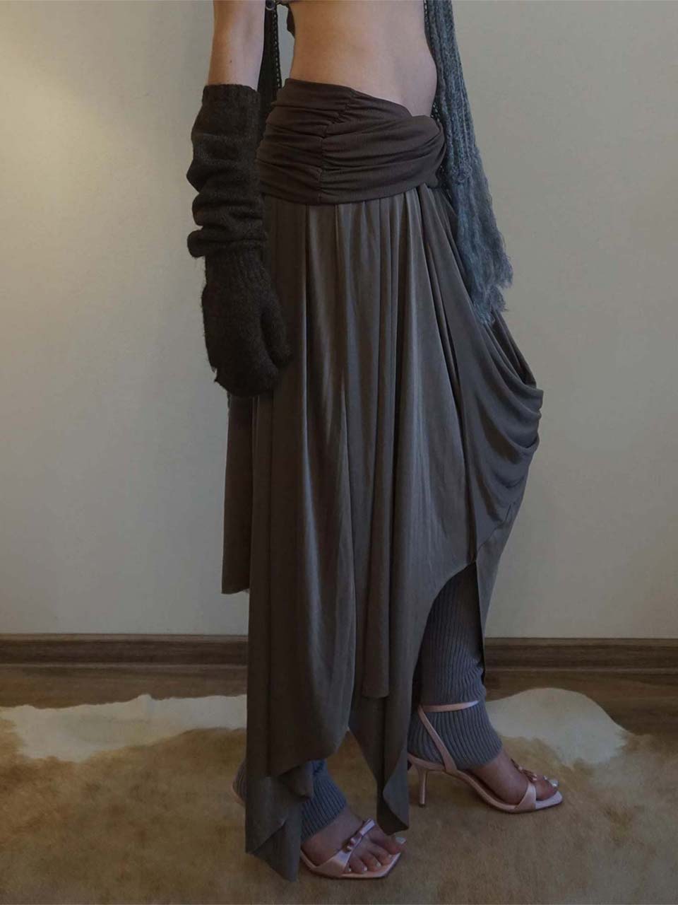 Draping Unbalance Skirt Ash Brown