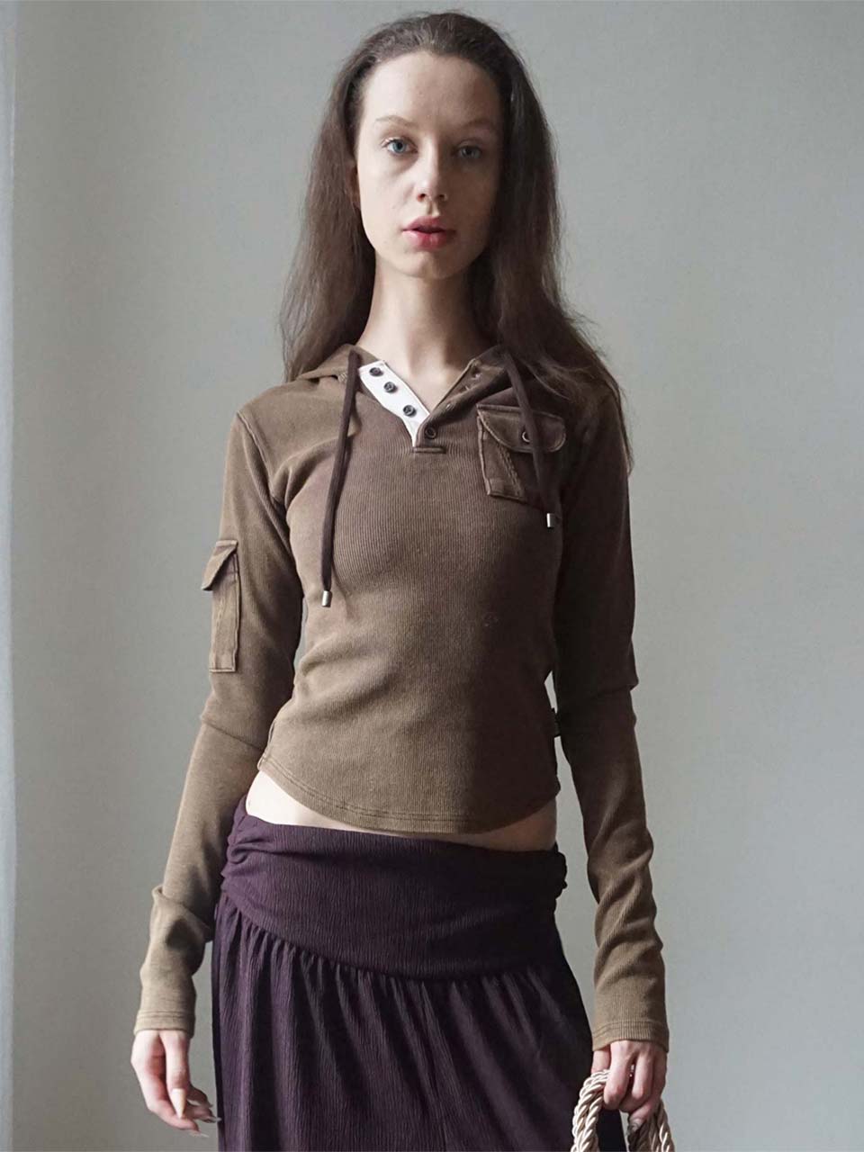 Washed Pocket Hoodie Brown
