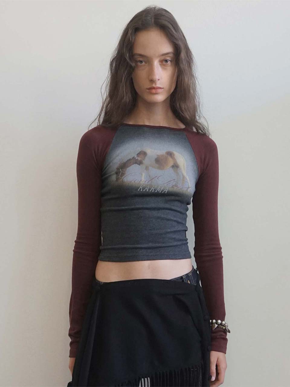 Good Karma Raglan Tee Charcoal/Burgundy