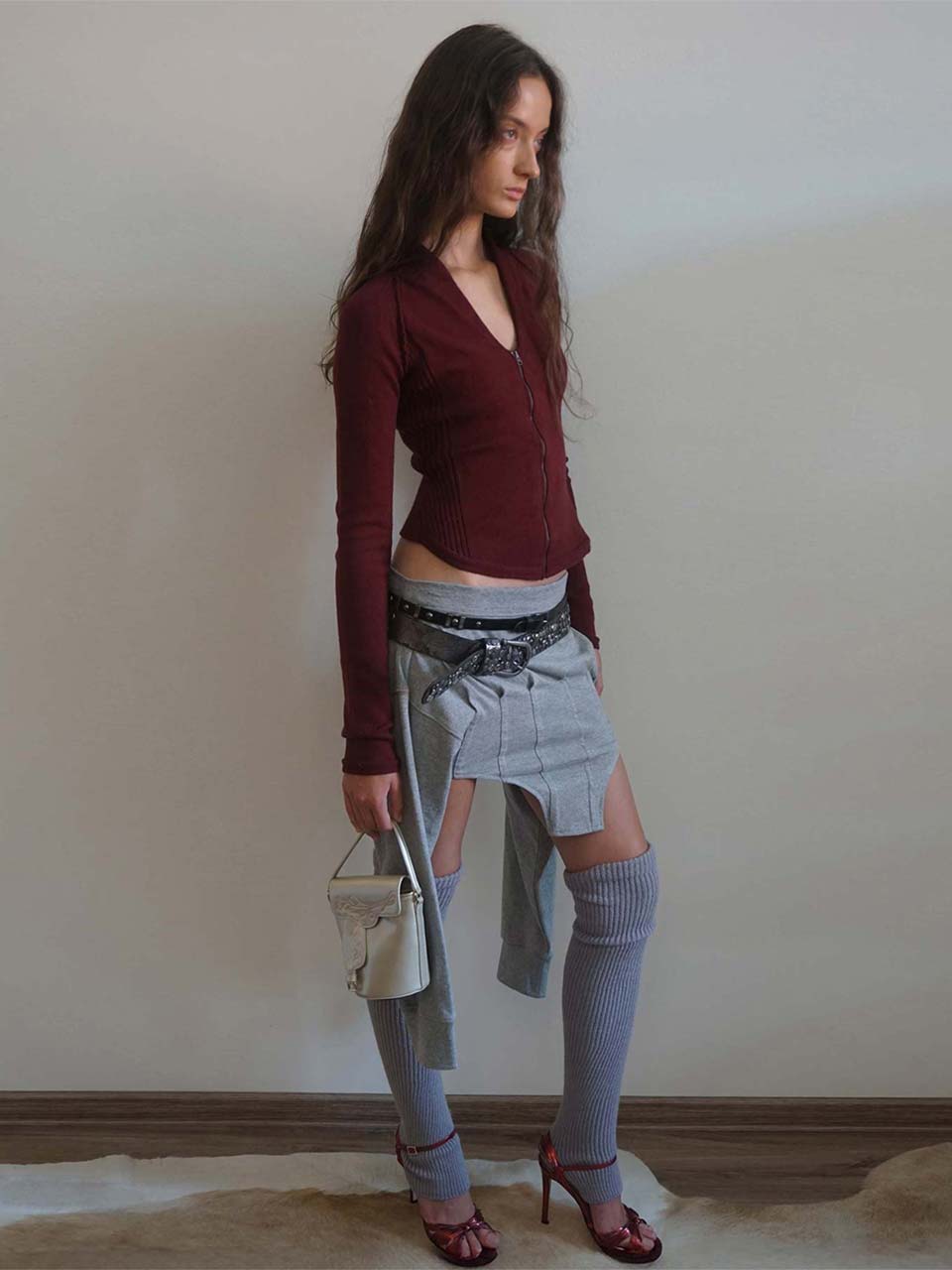 Open Collar Knit Zip-Up Deep Plum