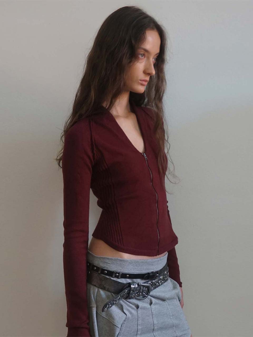 Open Collar Knit Zip-Up Deep Plum