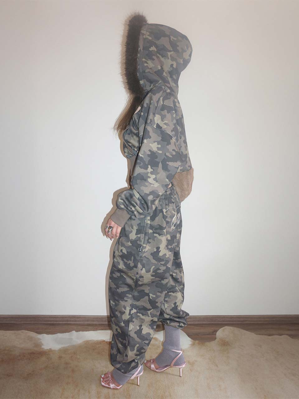 Faux Fur Trimming Hooded Zip-Up Forest Camo