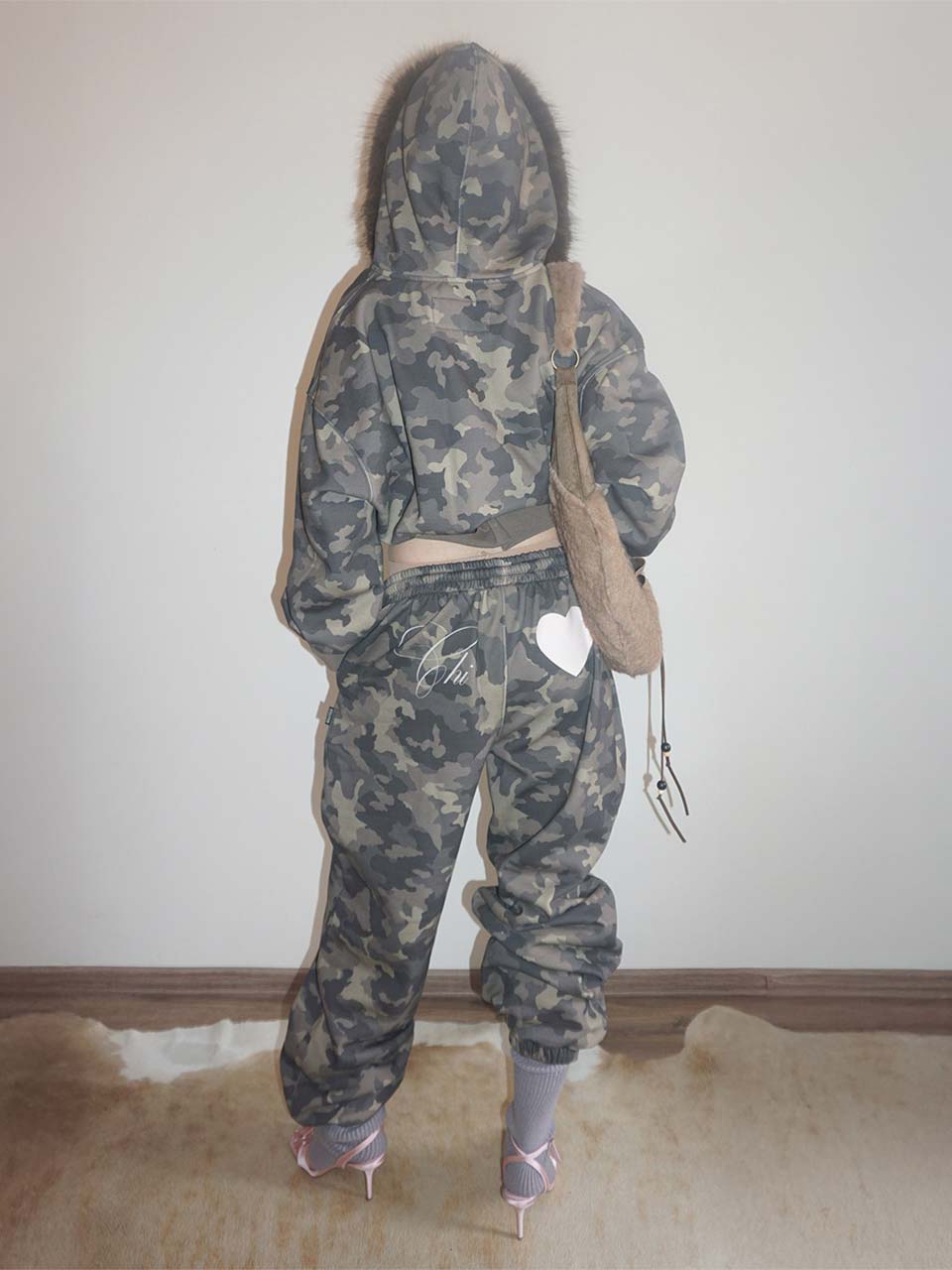 Faux Fur Trimming Hooded Zip-Up Forest Camo