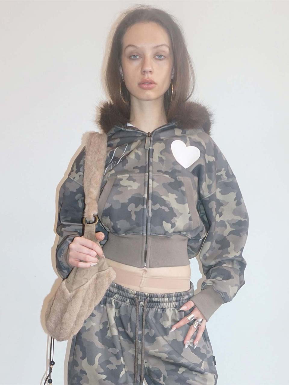 Faux Fur Trimming Hooded Zip-Up Forest Camo