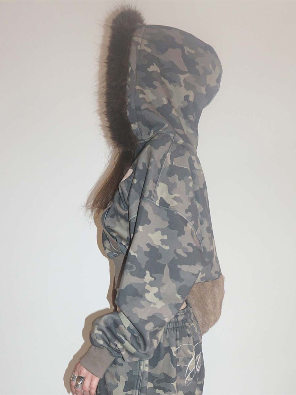 Faux Fur Trimming Hooded Zip-Up Forest Camo