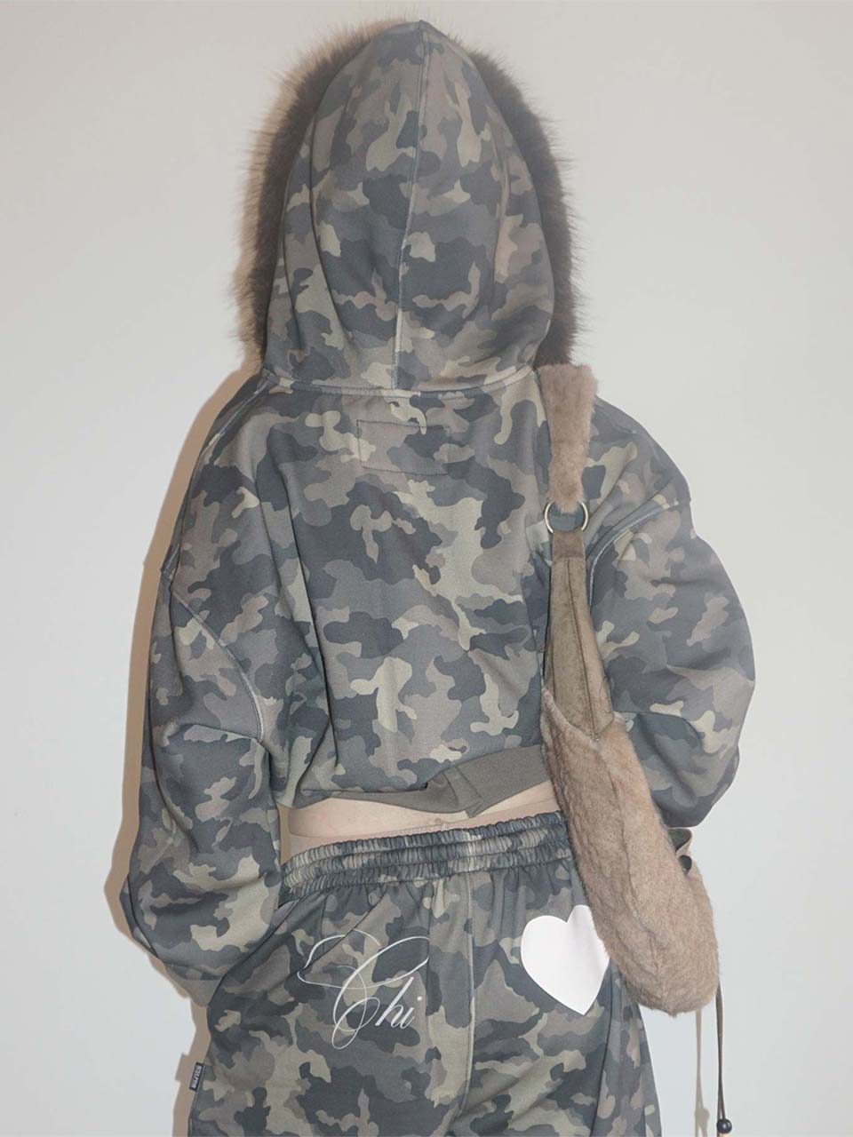 Faux Fur Trimming Hooded Zip-Up Forest Camo