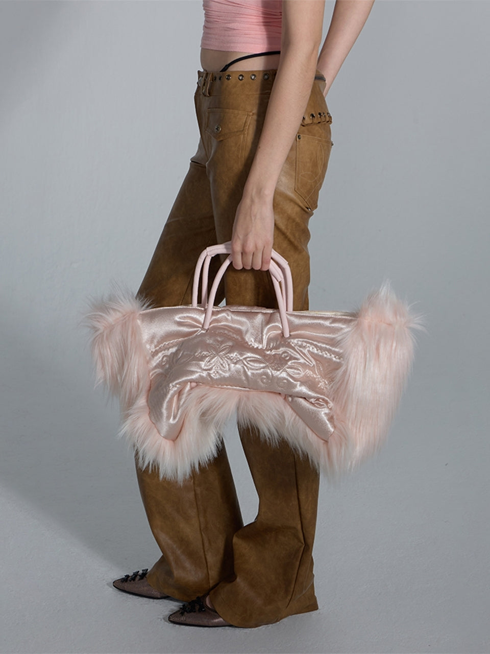 Fluffy Slouchy Satin Bag Coral Beige/Pink