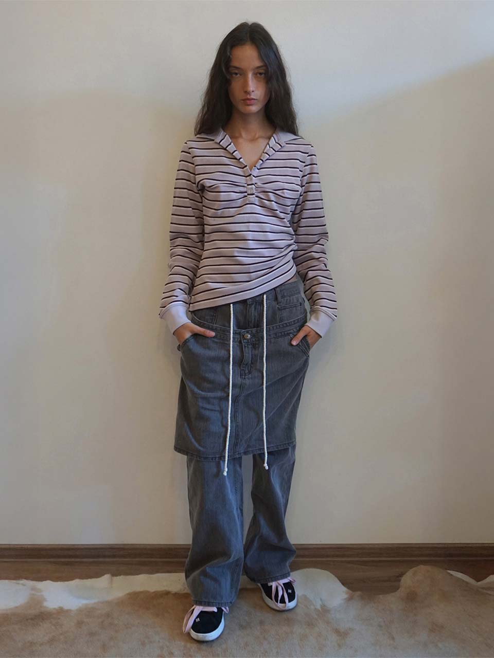 Shirring Tennis Shirt Lavender Stripe