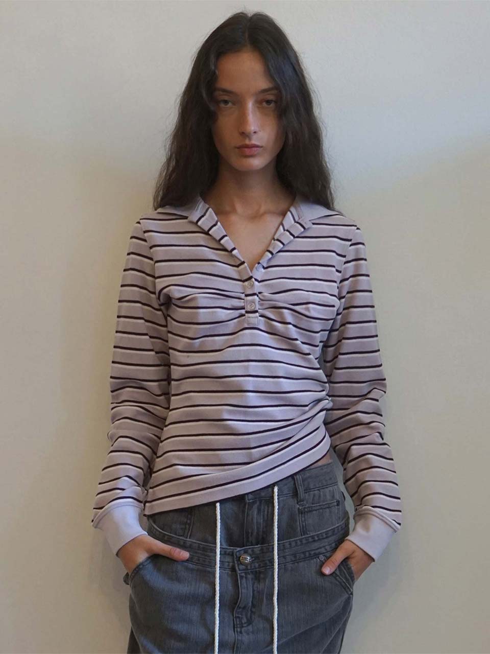 Shirring Tennis Shirt Lavender Stripe