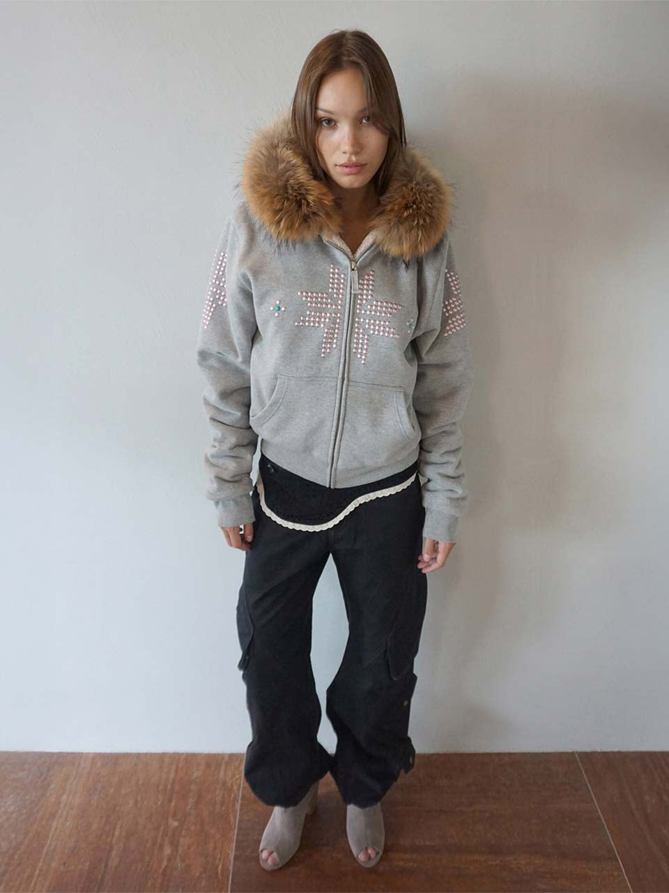Fur Trimming Hooded Zip-Up Melange Gray