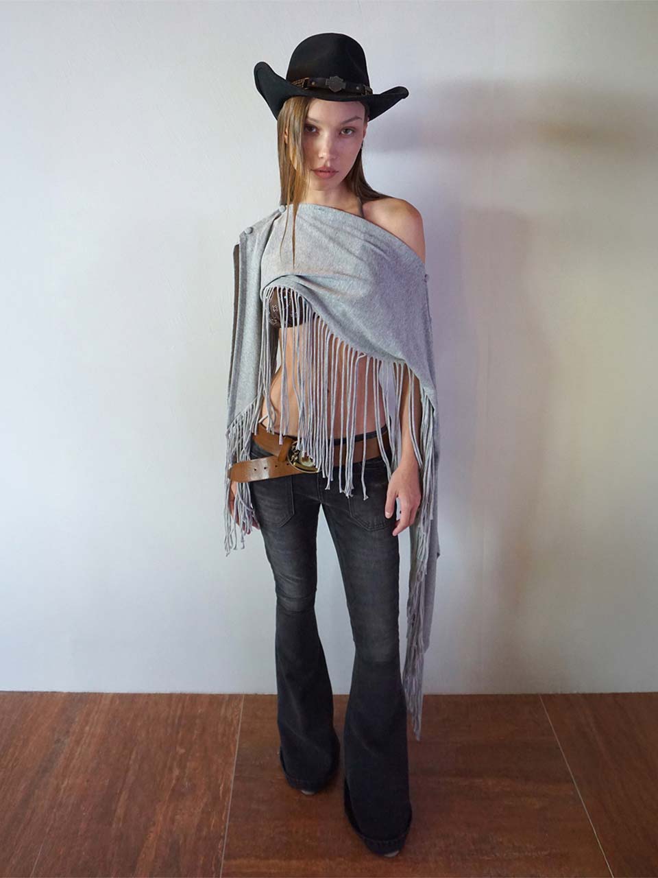 Versatile Fringe Cape Melange Gray
