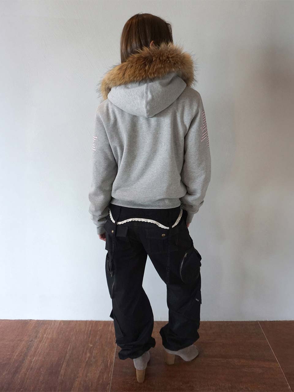 Fur Trimming Hooded Zip-Up Melange Gray