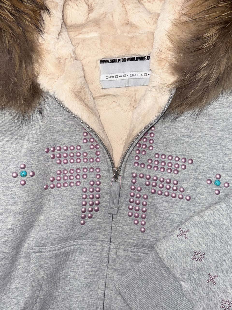 Fur Trimming Hooded Zip-Up Melange Gray