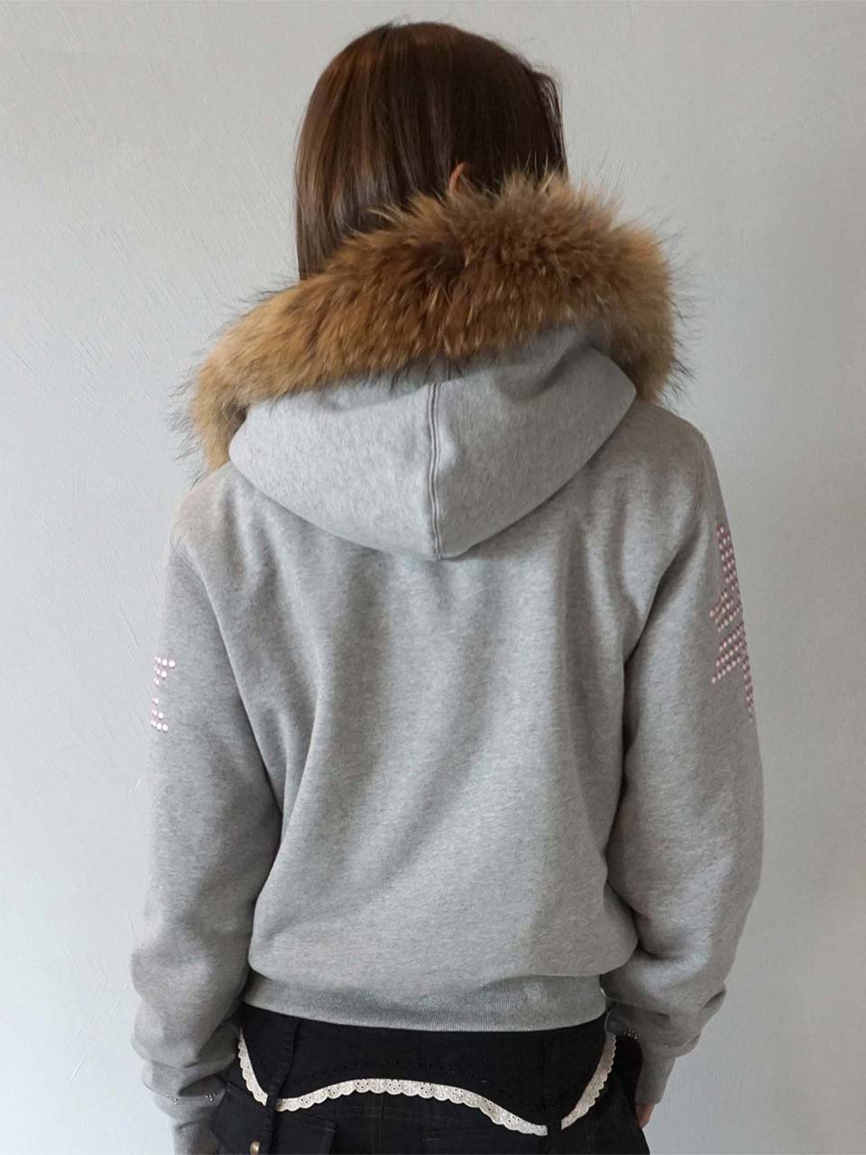 Fur Trimming Hooded Zip-Up Melange Gray