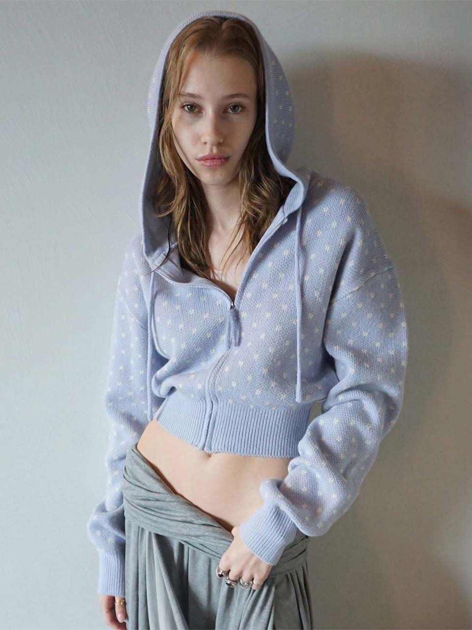 Snowflake Knit Zip-Up Misty Blue