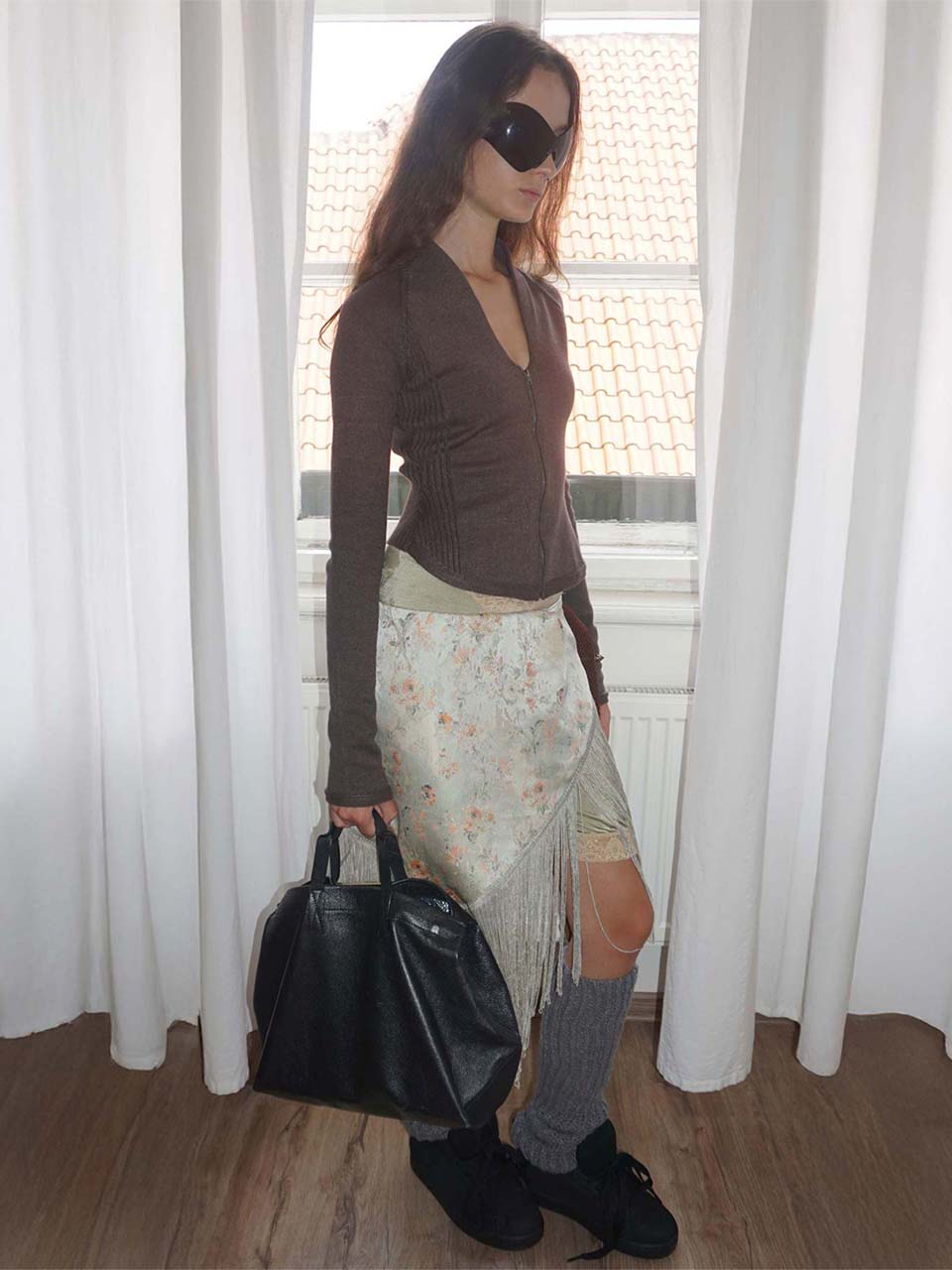 Open Collar Knit Zip-Up Mocha