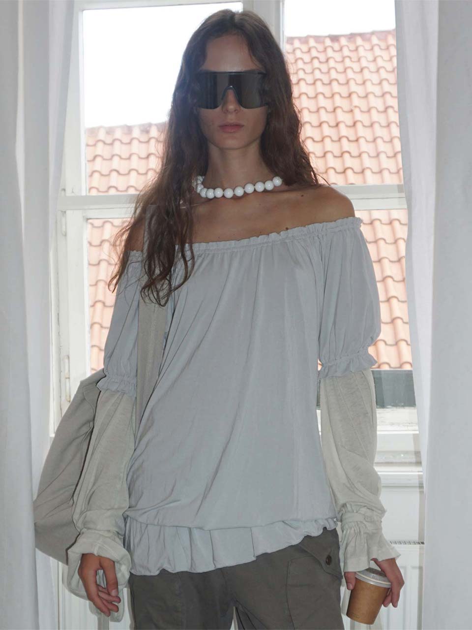 Soft Shirring Layered Tee Pale Gray