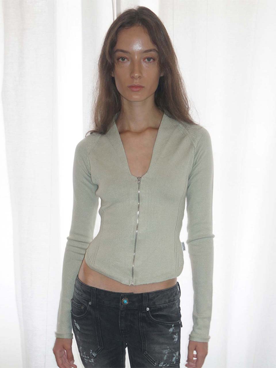 Open Collar Knit Zip-Up Pale Mint