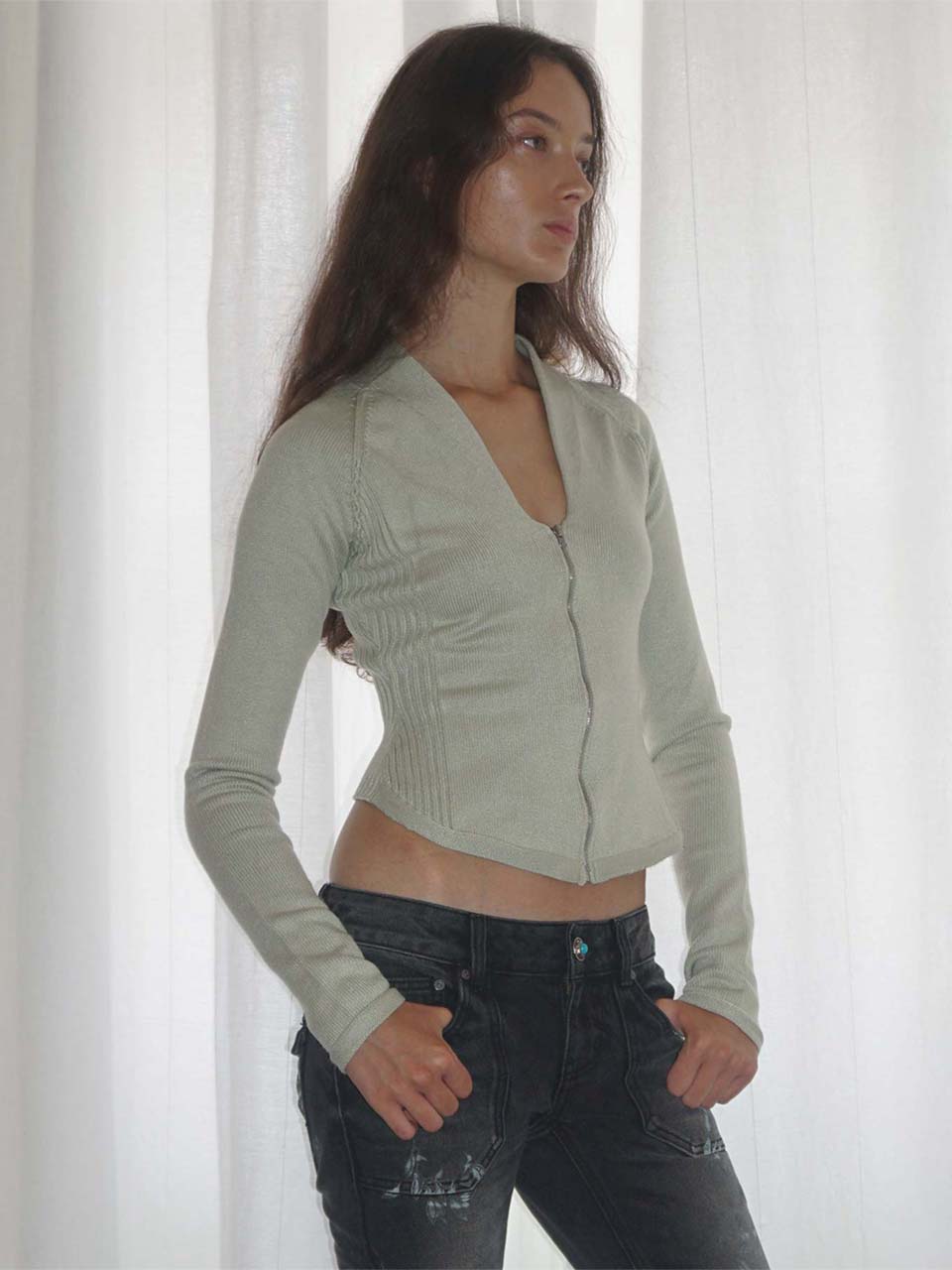 Open Collar Knit Zip-Up Pale Mint