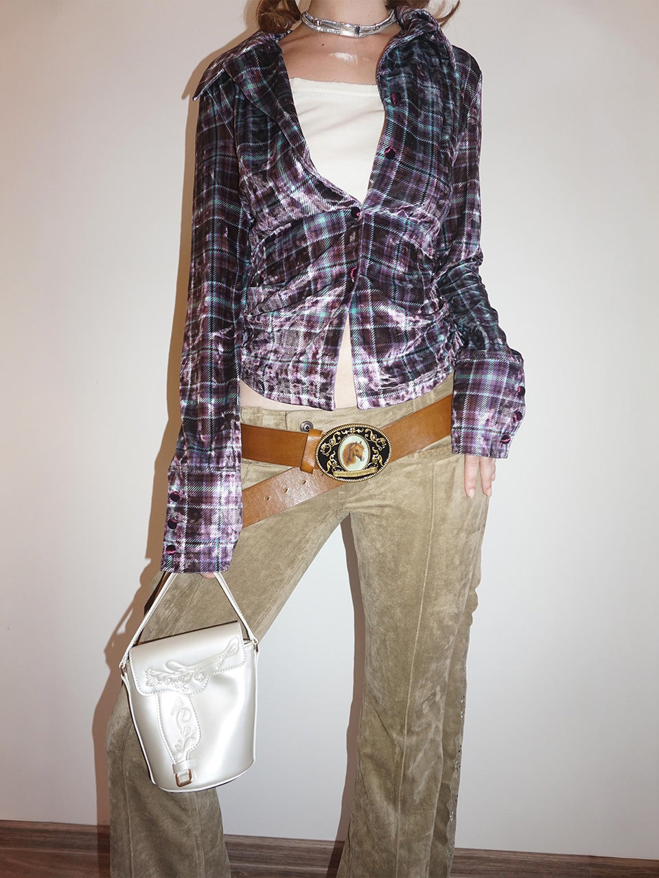 Velour Collar Shirt Purple Check