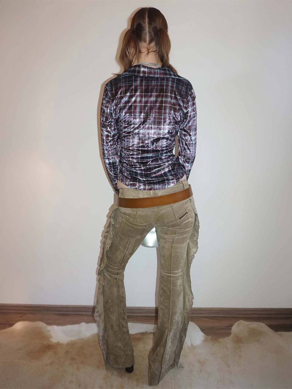 Velour Collar Shirt Purple Check