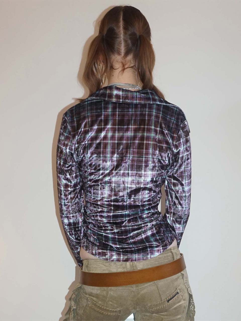Velour Collar Shirt Purple Check