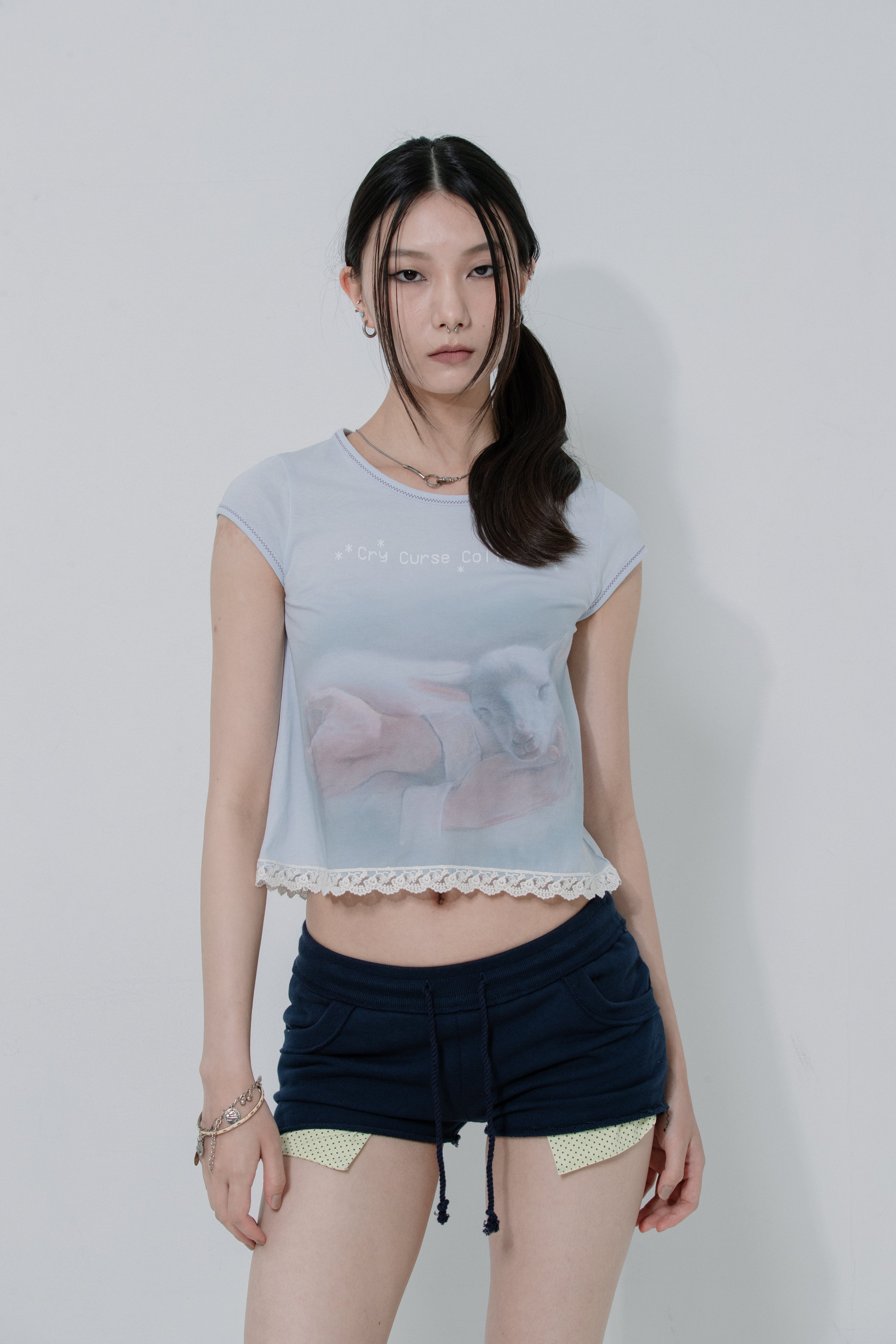 Lace Crop Baby Tee Mystic Blue