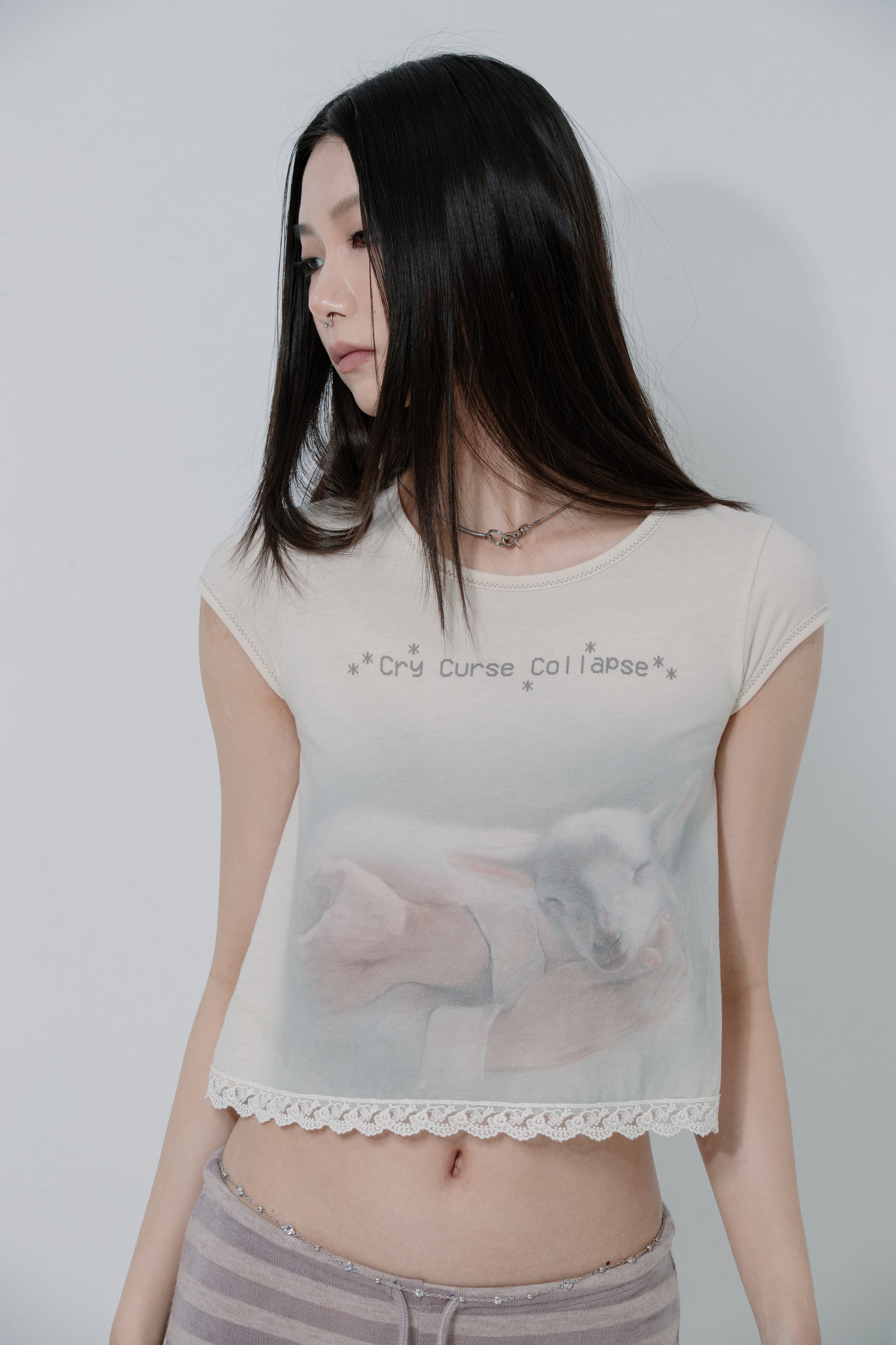 Lace Crop Baby Tee Nude Pink