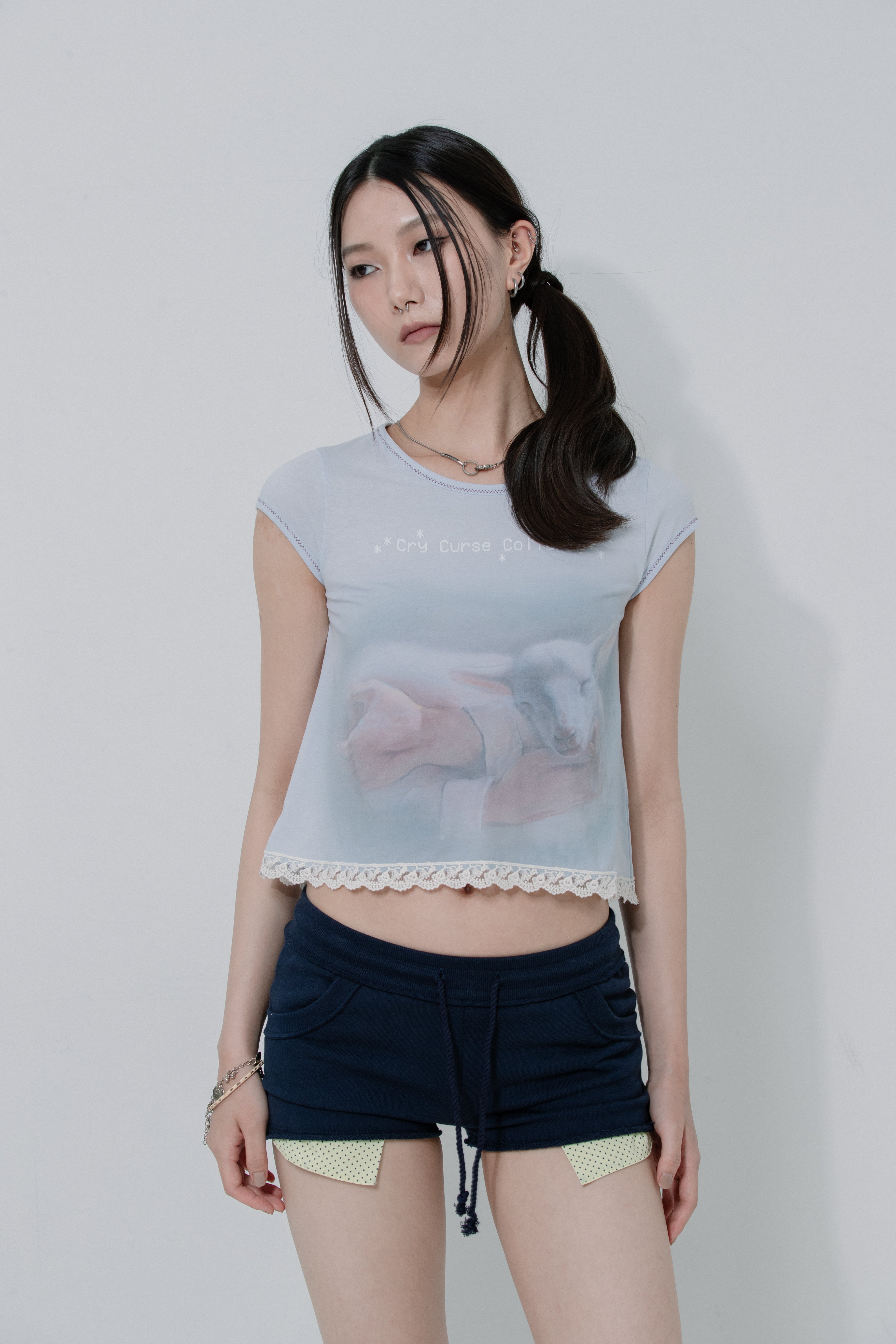 Lace Crop Baby Tee Mystic Blue
