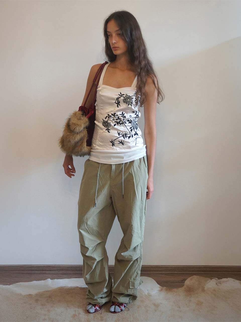 String Parachute Pants Washed Beige