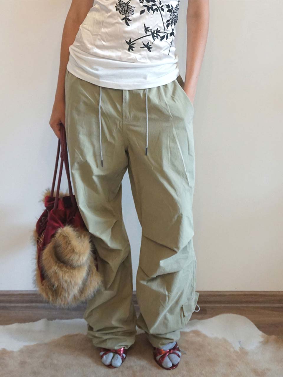 String Parachute Pants Washed Beige