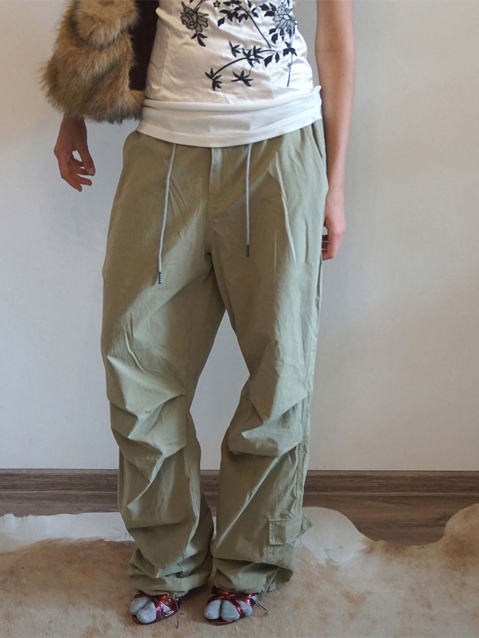 String Parachute Pants Washed Beige
