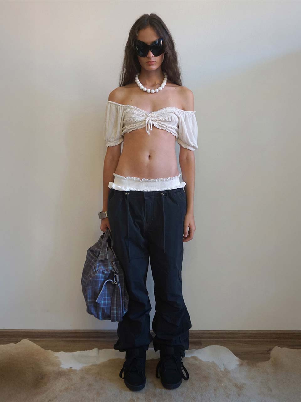 String Parachute Pants Washed Black