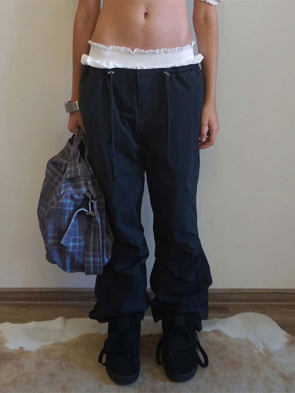 String Parachute Pants Washed Black