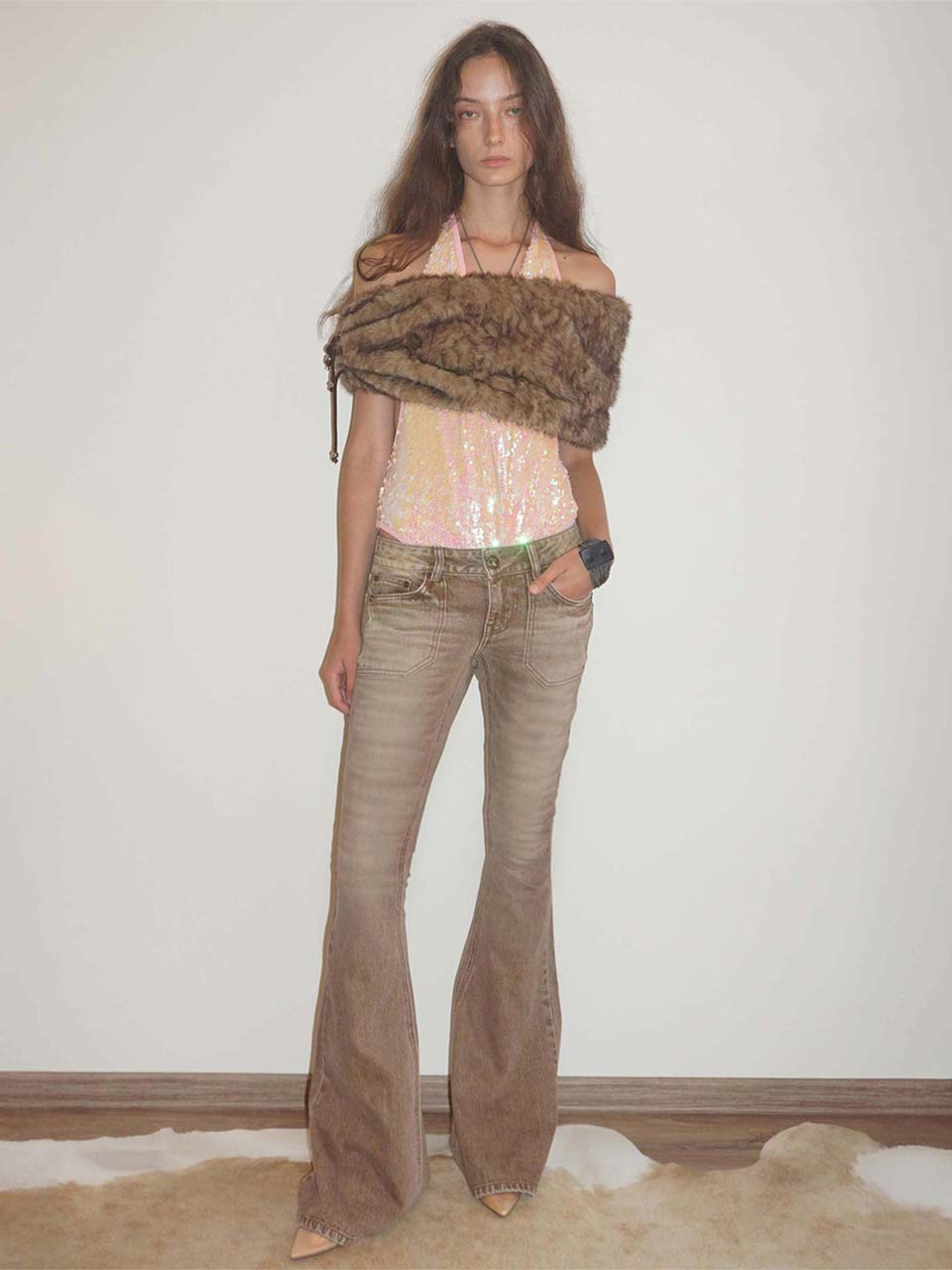 Whiskered Bootcut Denim Washed Brown