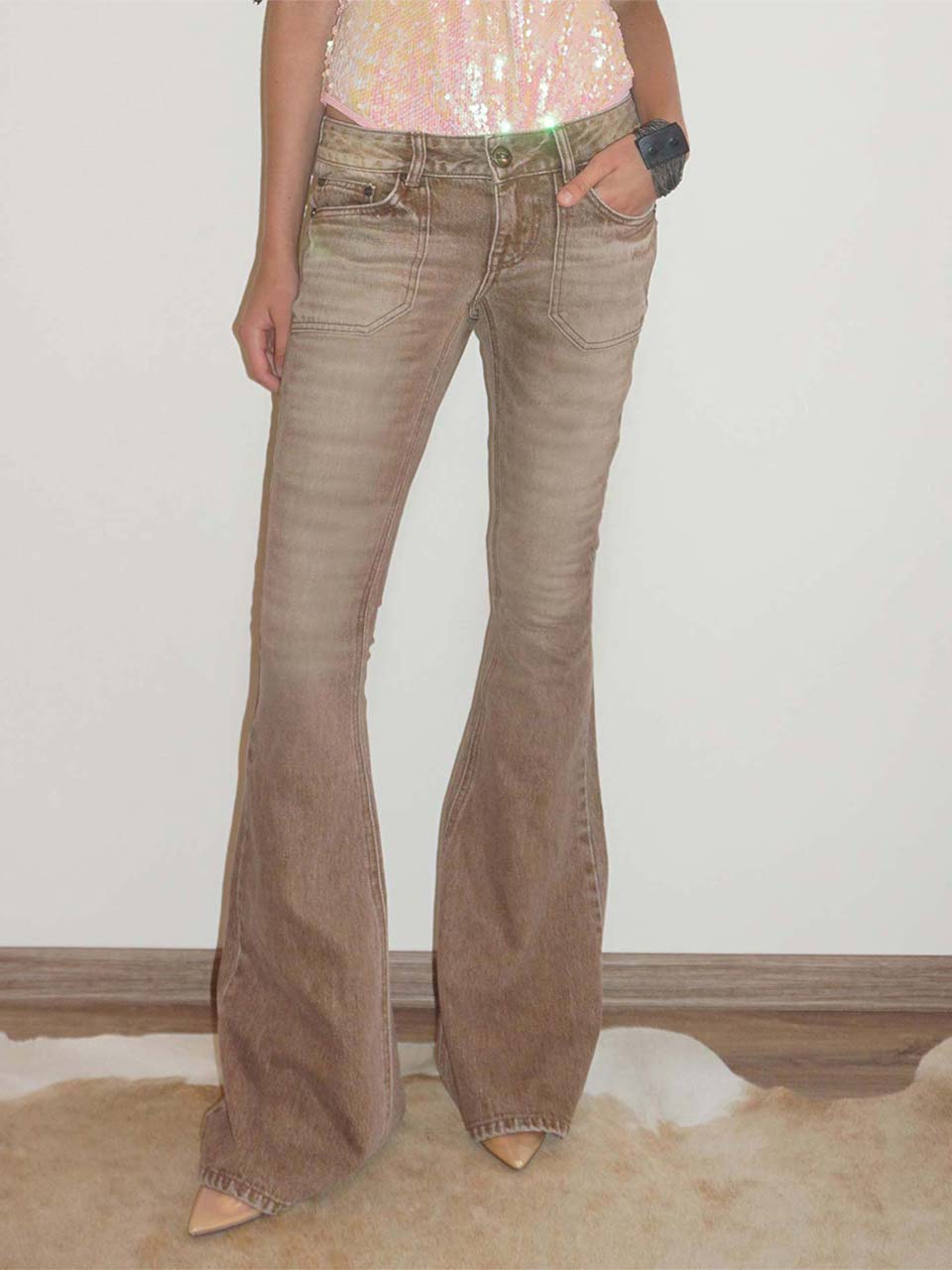 Whiskered Bootcut Denim Washed Brown