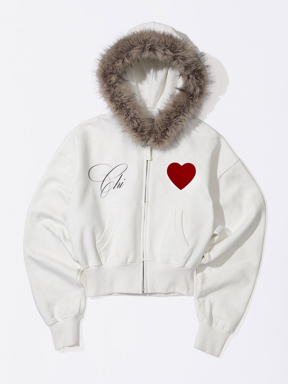 Faux Fur Trimming Hooded Zip-Up White