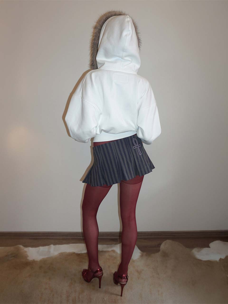 Faux Fur Trimming Hooded Zip-Up White