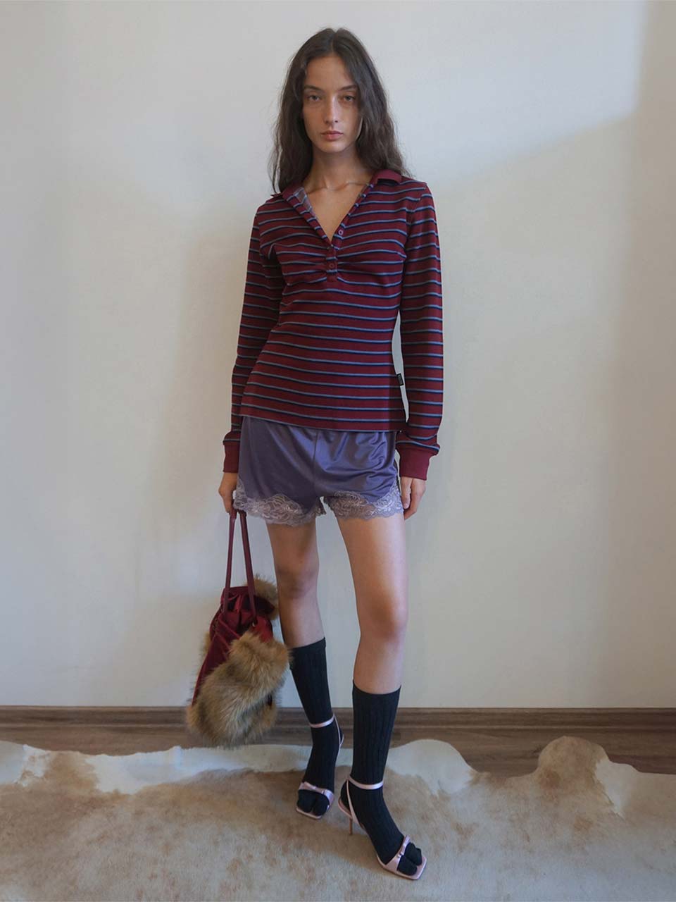 Shirring Tennis Shirt Wine Stripe