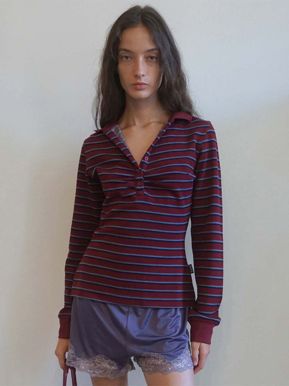 Shirring Tennis Shirt Wine Stripe