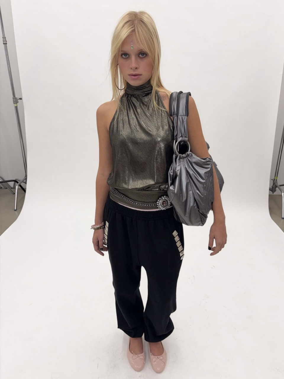 Metallic High-Neck Halter Top Gun Metal
