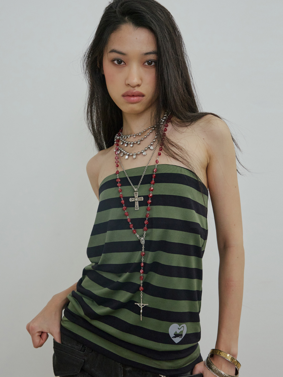 Sweet Kitty Stripe Tube Top Khaki